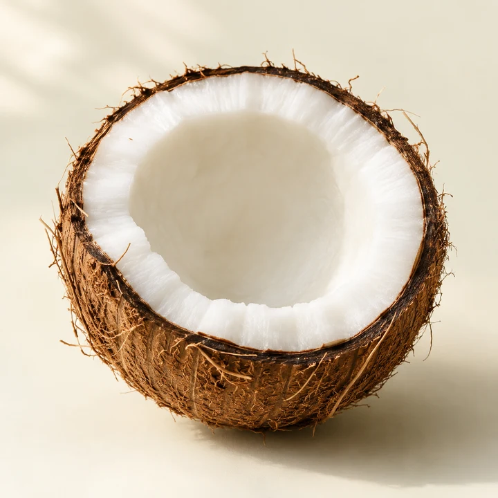 A halved coconut with white flesh and brown shell